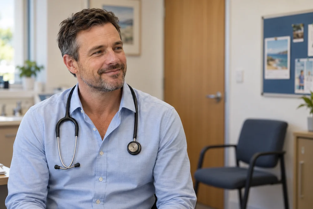 A doctor seated in a consulting room.